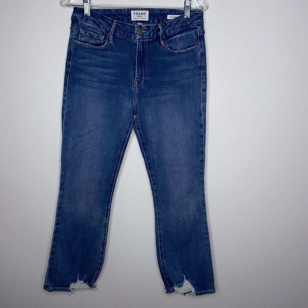 Frame Jeans Le Crop Mini Boot Womens 28 Frayed Distressed Blue Stretch Denim